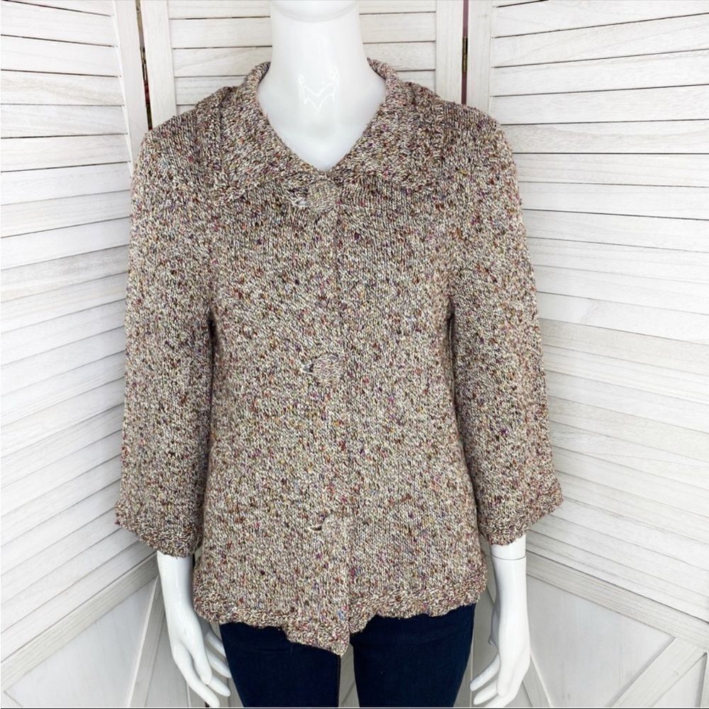 Coldwater Creek Rainbow Confetti Cardigan Sweater Small Beige 3/4 Bell Sleeve